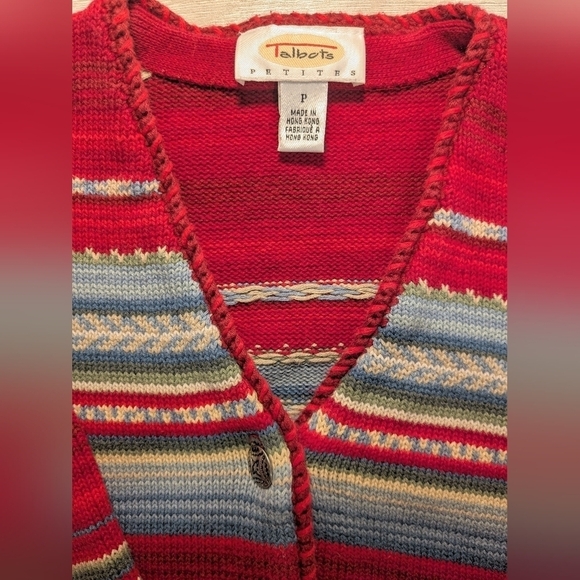 Talbot's Vintage Red Striped Cotton V-Neck Button-Up Cardigan Cottagecore - Picture 7 of 10
